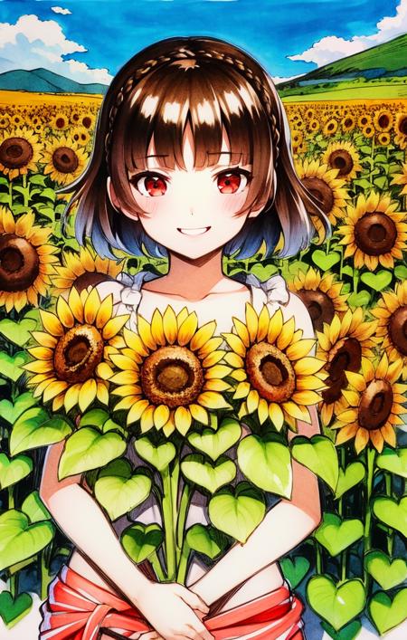 50989-3313741934-sketch, traditional media, outdoors, sunflowers, colorful, hdr, scenic background, loose white shirt, sarong, makoto niijima [pe.png